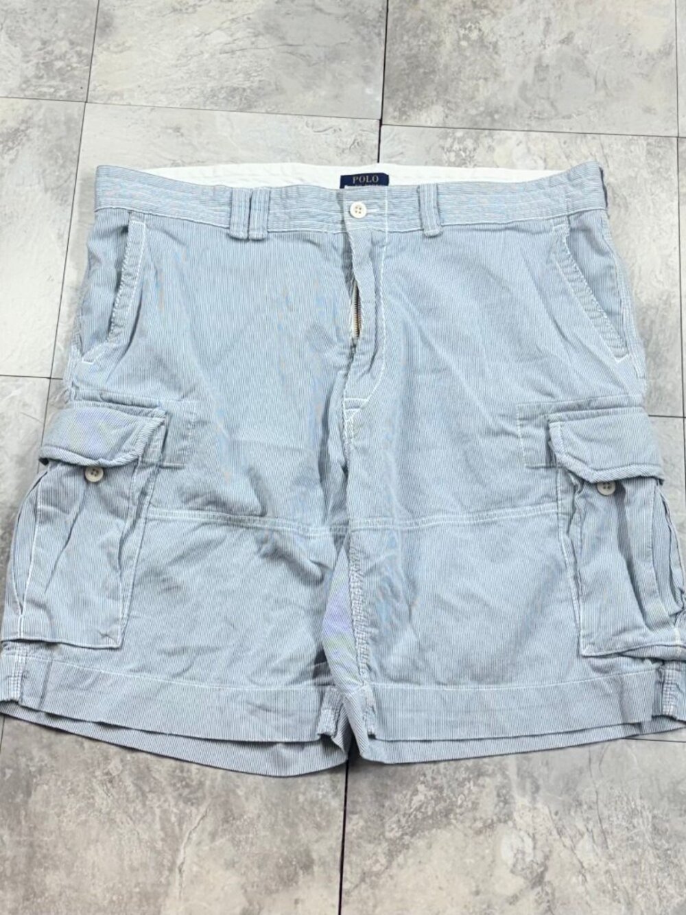 Polo Ralph Lauren Cargo Shorts Men's 42 Blue Pinstripe Baggy Vintage Y2K